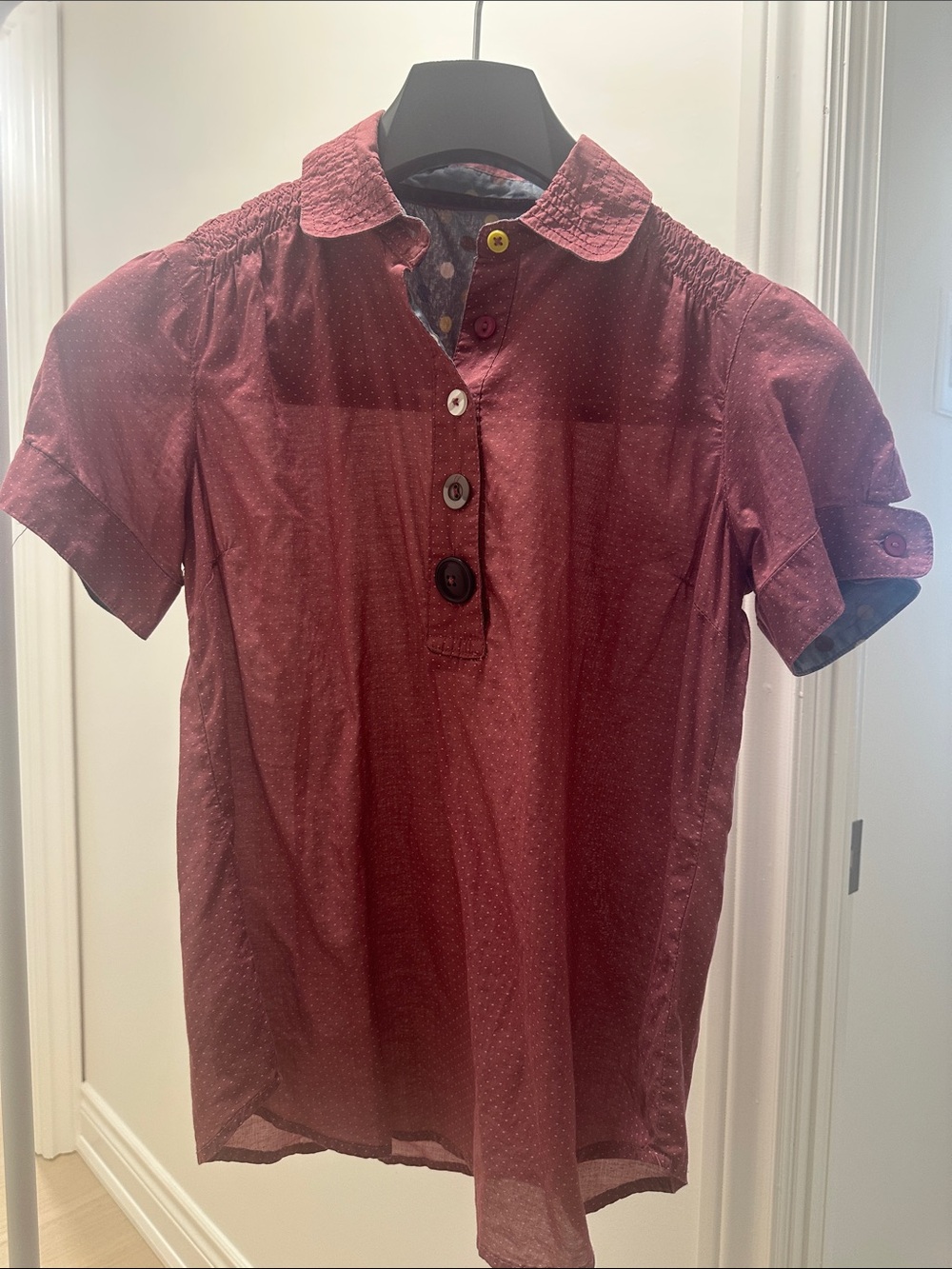 Short-Sleeve Burgundy Button-Front Blouse